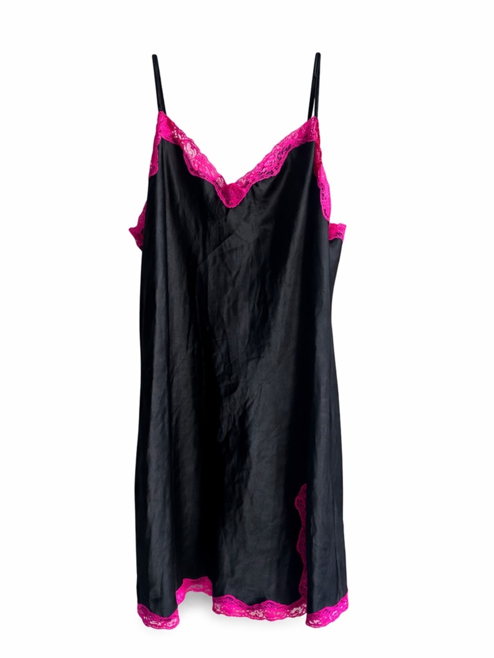 Victoria’s Secret Black Satin Slip Dress Hot Pink Lace Trim